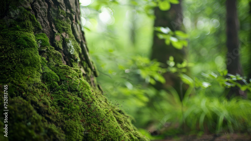 Tranquil forest detail  with moss-covered tree and soft light  exudes peace.