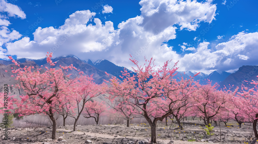 Peach blossom scenery in Linzhi, Tibet,China,created with Generative AI tecnology.