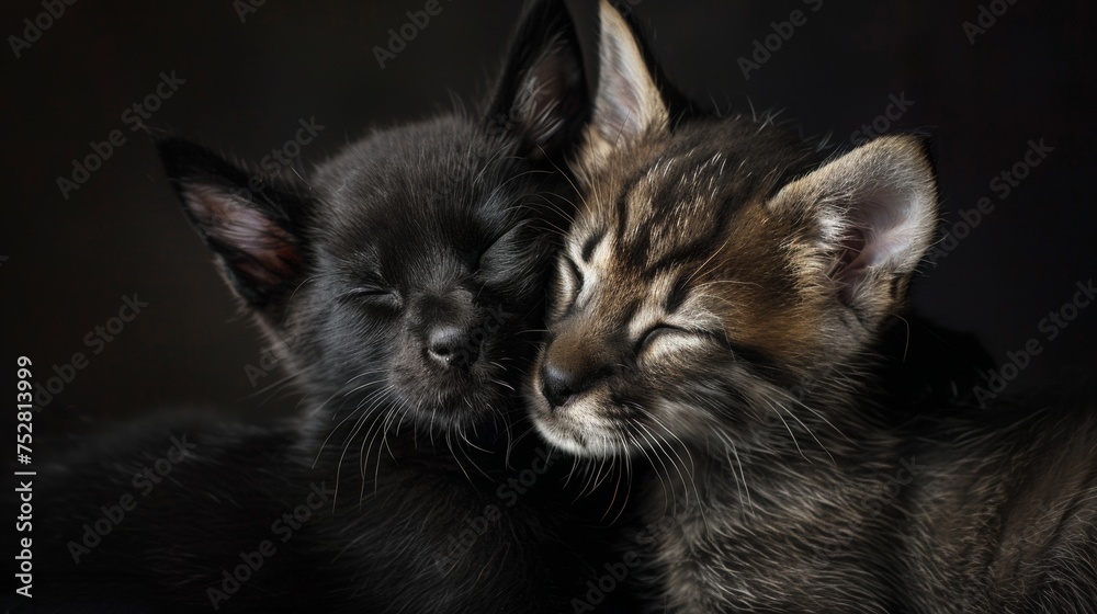 Affectionate Kittens Embracing in Soft Light, Two adorable kittens cuddle closely, their fur blending in the soft, dim light, creating an image of warmth and affection. Heartwarming animal rescue stor
