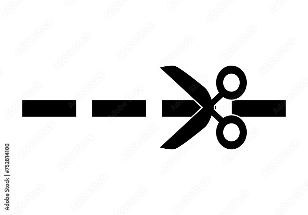 Icono negro de tijeras con línea discontinua para recortar. Icono negro de tijeras con línea discontinua para recortar.