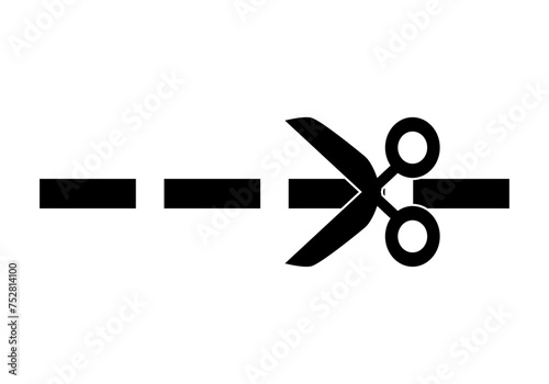Icono negro de tijeras con línea discontinua para recortar. photo