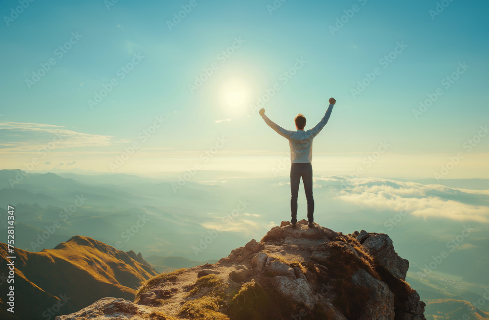 Silhouette of a happy man standing on top of a mountain and raising his hands in the air generative ai  art