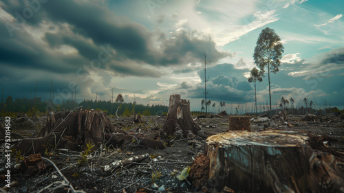 A desolate landscape with fallen trees under stormy skies, echoing an environmental wake-up call.