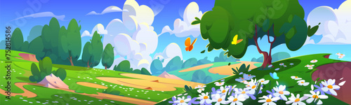 Summer valley landscape with flowers. Vector cartoon illustration of beautiful spring sunny scenery  butterflies flying above green grass on hills  trees and bushes  fluffy white clouds in blue sky