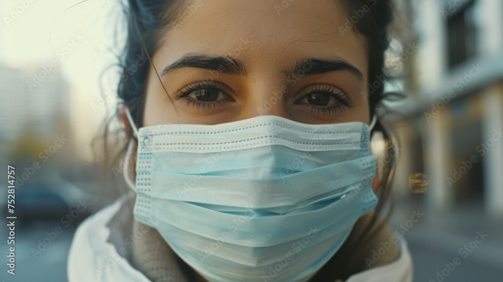 Poignant eyes peek above a surgical mask, conveying hope in the midst of a global health crisis.
