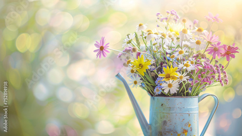 Spring concept. A bouquet of wildowers in a watering