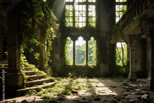 Sunlight streams through windows in overgrown abandoned mansion. Exploration and mystery.