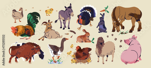 Different farm animals set. Ranch fauna: domestic bunnies, hen, cow, pig, horse, sheep, bull, goat, cock, turkey. Cattle, livestock breeding in country. Farming flat isolated vector illustration