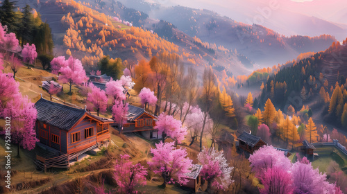 Peach blossom scenery in Linzhi, Tibet,China,created with Generative AI tecnology. photo