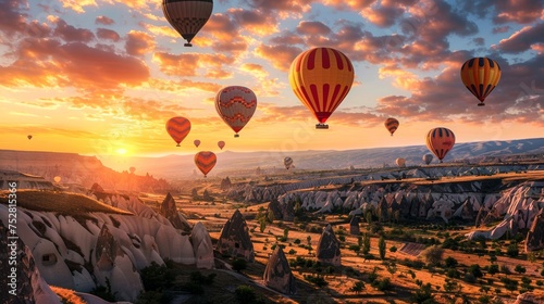 A picturesque scene of vibrant hot air balloons floating above the rocky landscapes of Cappadocia during a breathtaking sunrise