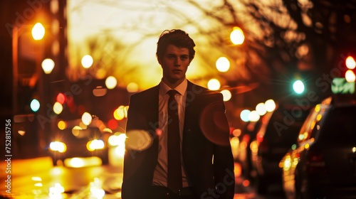 A young man in a smart suit stands amidst urban twilight, bokeh lights adding a cinematic vibe