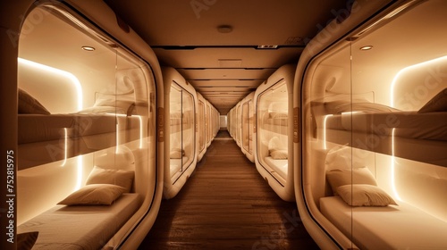 The interior of a modern pod hotel showcasing a line of sleeping capsules illuminated by a warm ambient light, evoking a futuristic feel photo