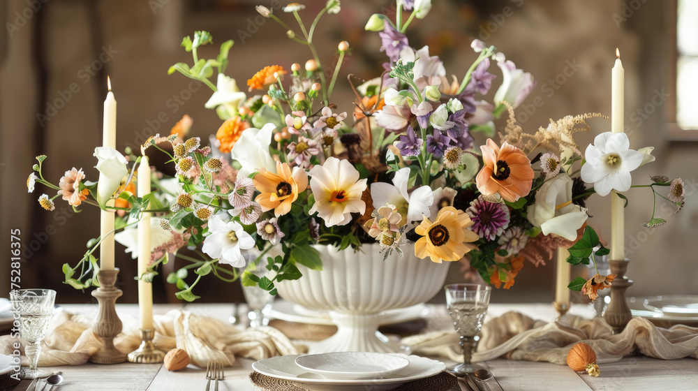 A table is adorned with a white bowl overflowing with colorful flowers, creating a vibrant and lively centerpiece