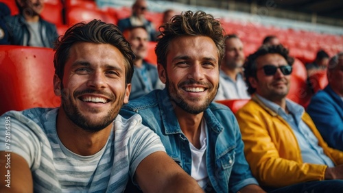 Happy men watching football matches in football stadiums