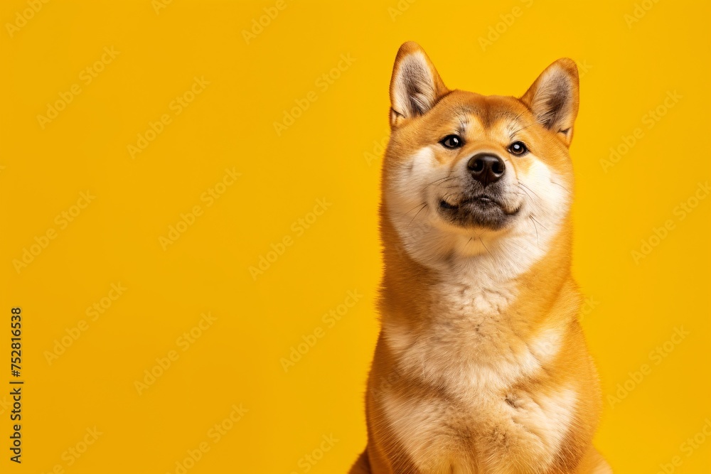 Alert Shiba Inu Dog Against Vibrant Yellow Background