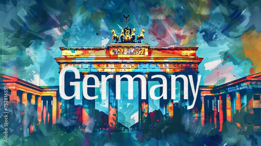 This image showcases the Brandenburg Gate in a creative and colorful digital painting style with bold Germany text - obrazy, fototapety, plakaty 