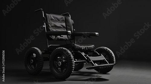 A black and white photograph of a wheelchair standing alone in a room, showcasing its design and functionality photo