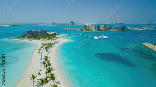 A birds eye view of a sandy beach lined with tall palm trees swaying in the breeze under a clear blue sky