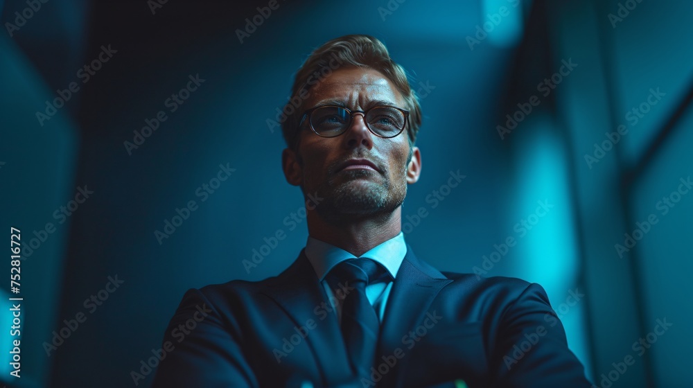 Confident Businessman With Stubble on a Blue Background Confident Businessman With Stubble on a Blue Background