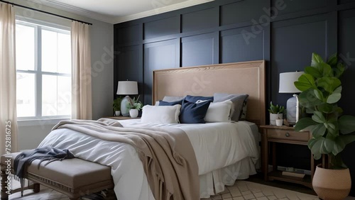 A dramatic transformation of a dull and outdated bedroom with a fresh coat of paint in a rich deep hue adding depth and personality to the space. photo