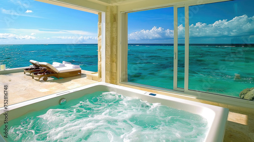 A spacious jacuzzi tub positioned next to a sizeable window, creating a luxurious and relaxing atmosphere
