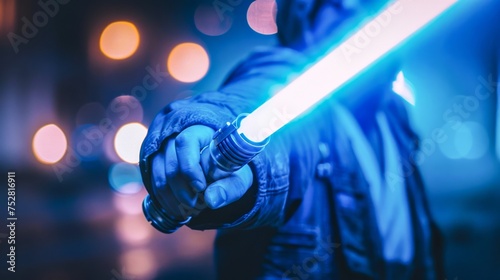 Close-up shot captures a hand gripping a blue lightsaber that illuminates a dark backdrop with vibrant energy
