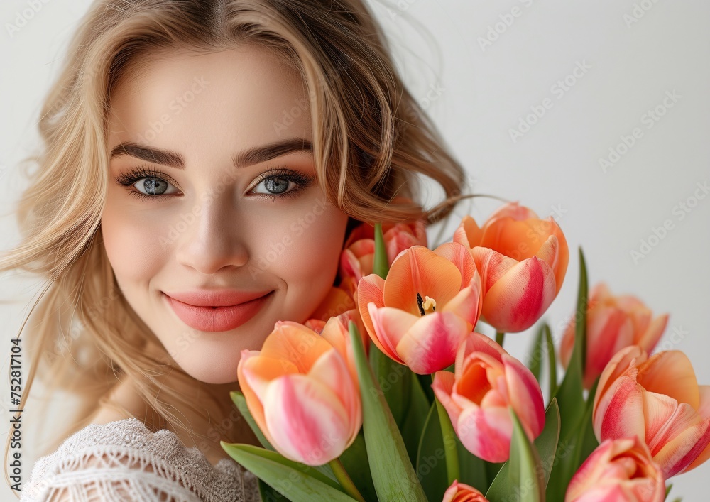 Fototapeta premium Radiant Woman Smiling With Bouquet of Tulips