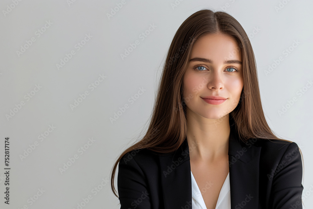 Confident Businesswoman in Black Blazer Against Grey Background Confident Businesswoman in Black Blazer Against Grey Background