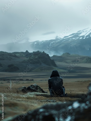 A hooded individual sits in a contemplative pose amidst a mountainous backdrop, finding peace in the solitude of the rugged landscape.