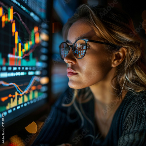 Finance analyst woman analyzing stock market trading graph