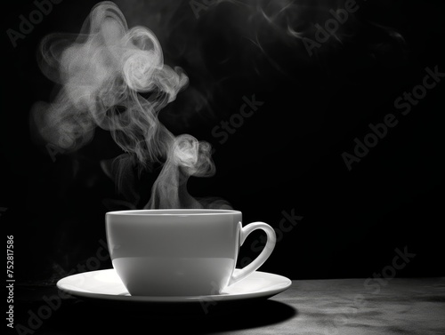 A captivating monochrome image of a hot coffee cup with steam rising and swirling against a dark backdrop, evoking a feeling of warmth and relaxation