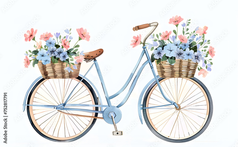 A pretty flower basket is on my bike. Watercolor painting - obrazy, fototapety, plakaty 