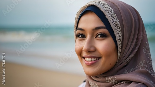 Portrait of a beautiful asian muslim woman wearing hijab on the beach