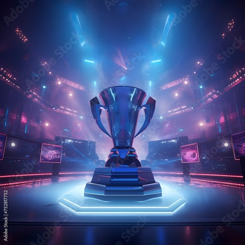 Victorious illustration of a 3D trophy in blue color for celebration banner