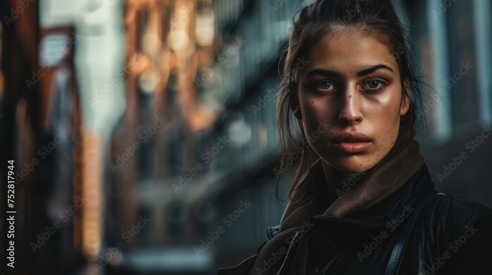 A contemplative young woman stands in the urban shadows, her profound gaze reflecting the depth of the cityscape around her. A contemplative young woman stands in the urban shadows, her profound gaze reflecting the depth of the cityscape around her.