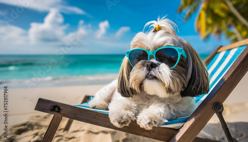 A Shih Tzu dog, wearing sunglasses, is lying on a beach chair on the beach, concept of holiday, travel and leisure © LynnC