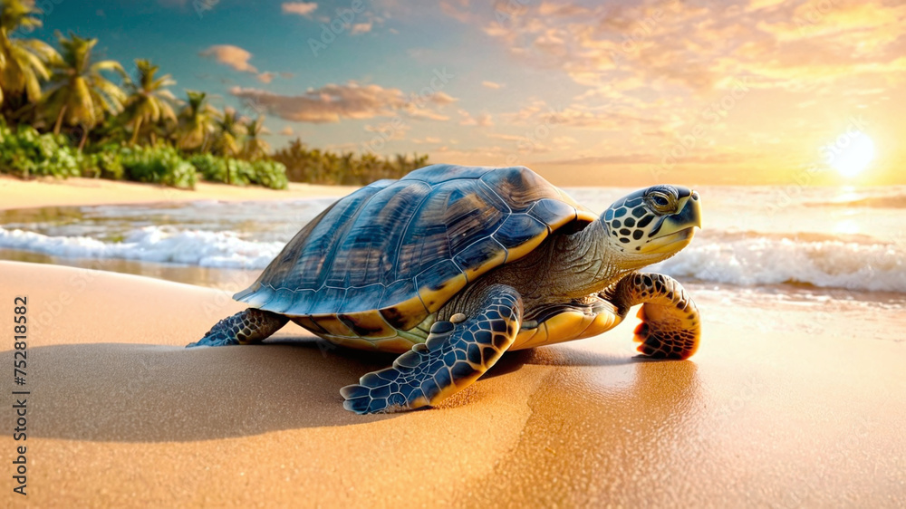 Turtle on the beach at sunset. Concept of exotic travel.
