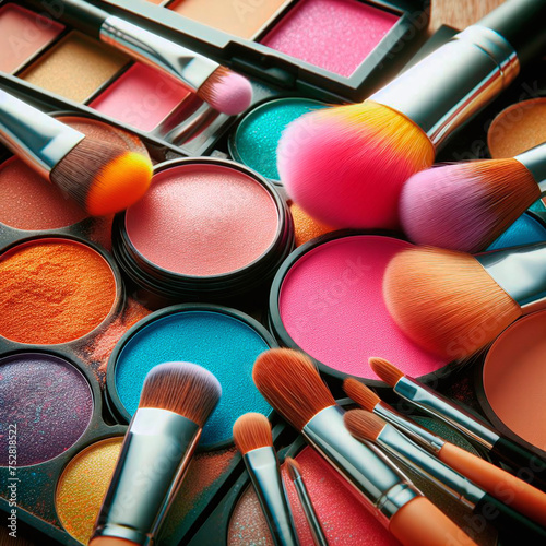 collection of make up and cosmetic beauty products arranged on wooden table background