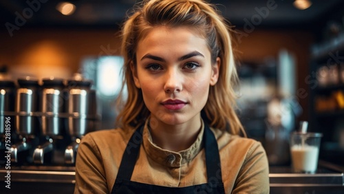 a beautiful young barista woman at a coffee shop