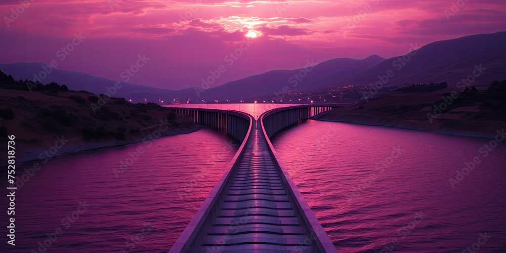 At sunset, an architectural water canal basks in the warm glow of the fading sun, its serene surface mirroring the changing colors of the sky - obrazy, fototapety, plakaty 