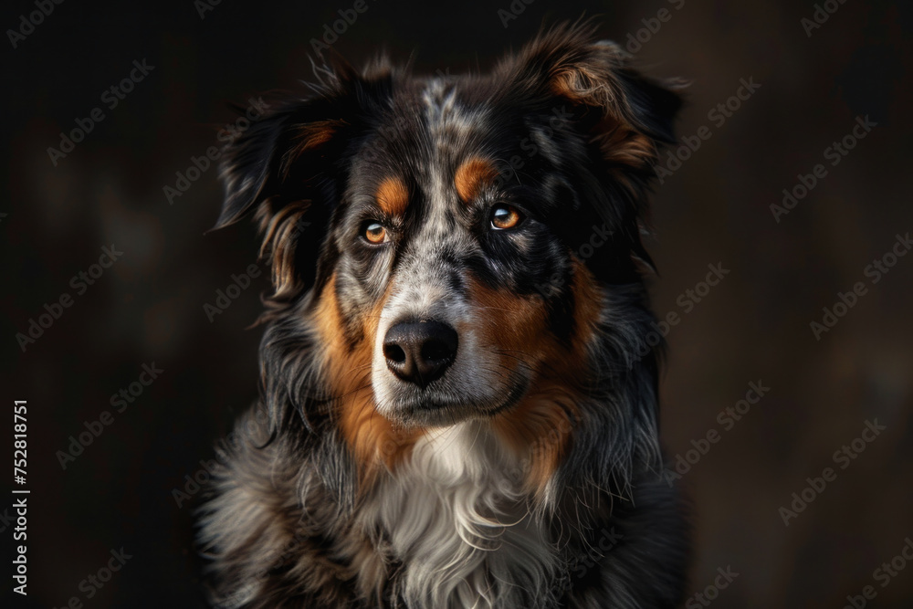 Intense Portrait of an Australian Shepherd with Vivid Multicolored Eyes Intense Portrait of an Australian Shepherd with Vivid Multicolored Eyes