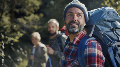 Hikers with backpacks trekking in a sunlit forest, with focus on a bearded man in the lead.