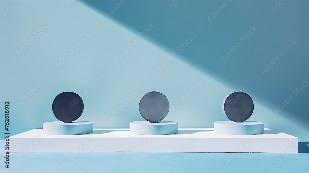 three concealed circles on stages on white surface against blue background - obrazy, fototapety, plakaty 
