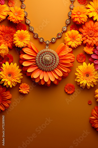 Vivid marigold flower garland on a yellow background. Holi abstract greeting card witj copy space