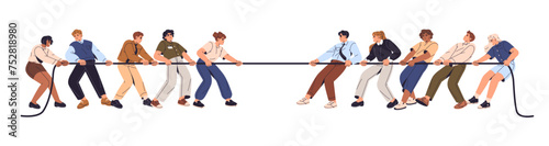 Tug of war. Business confrontation concept. Employees dragging, pull rope, resist to against team. Opposition teamwork. People groups rival, contest. Flat isolated vector illustration on white