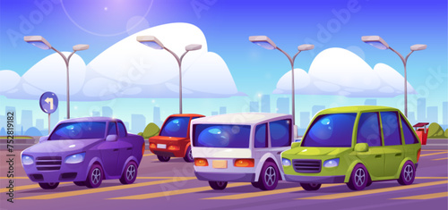 Cars standing on parking lot on city street. Cartoon vector illustration of urban landscape with parked automobiles on public zone with building silhouette, lamps and sign. Vehicle on town stop.