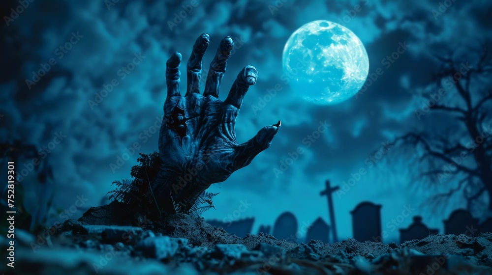 A zombie hand emerging from the ground under a full blue moon casting eerie shadows in a haunted graveyard awakening to the night - obrazy, fototapety, plakaty 