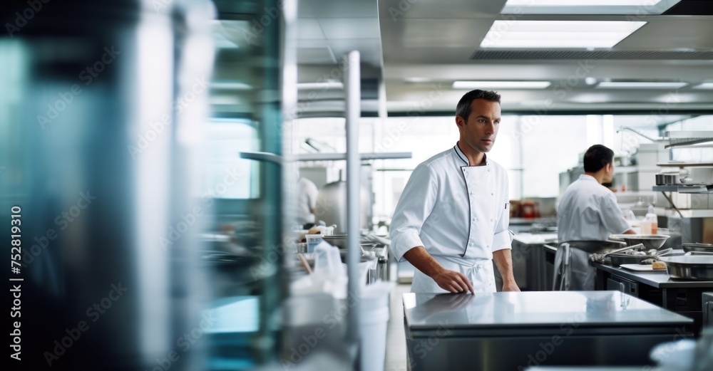 Fototapeta premium a chef in a busy restaurant kitchen, skillfully preparing a gourmet dish, surrounded by fresh ingredients, utensils, and stainless steel surfaces