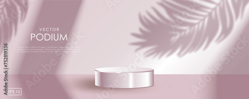Mockup of pink luxury podium with shadow from palm branches. Studio showroom pedestal, showcase mockup stage. 3d vector podium for product presentation.