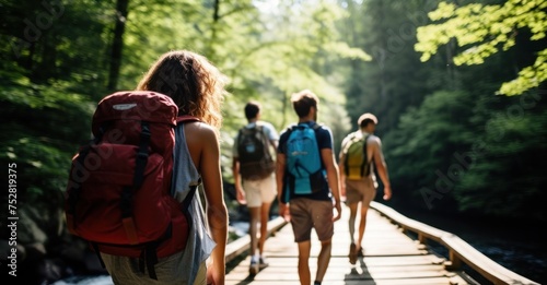 a group of friends hiking in a lush forest, crossing a wooden bridge over a flowing stream, with backpacks, nature, and camaraderie